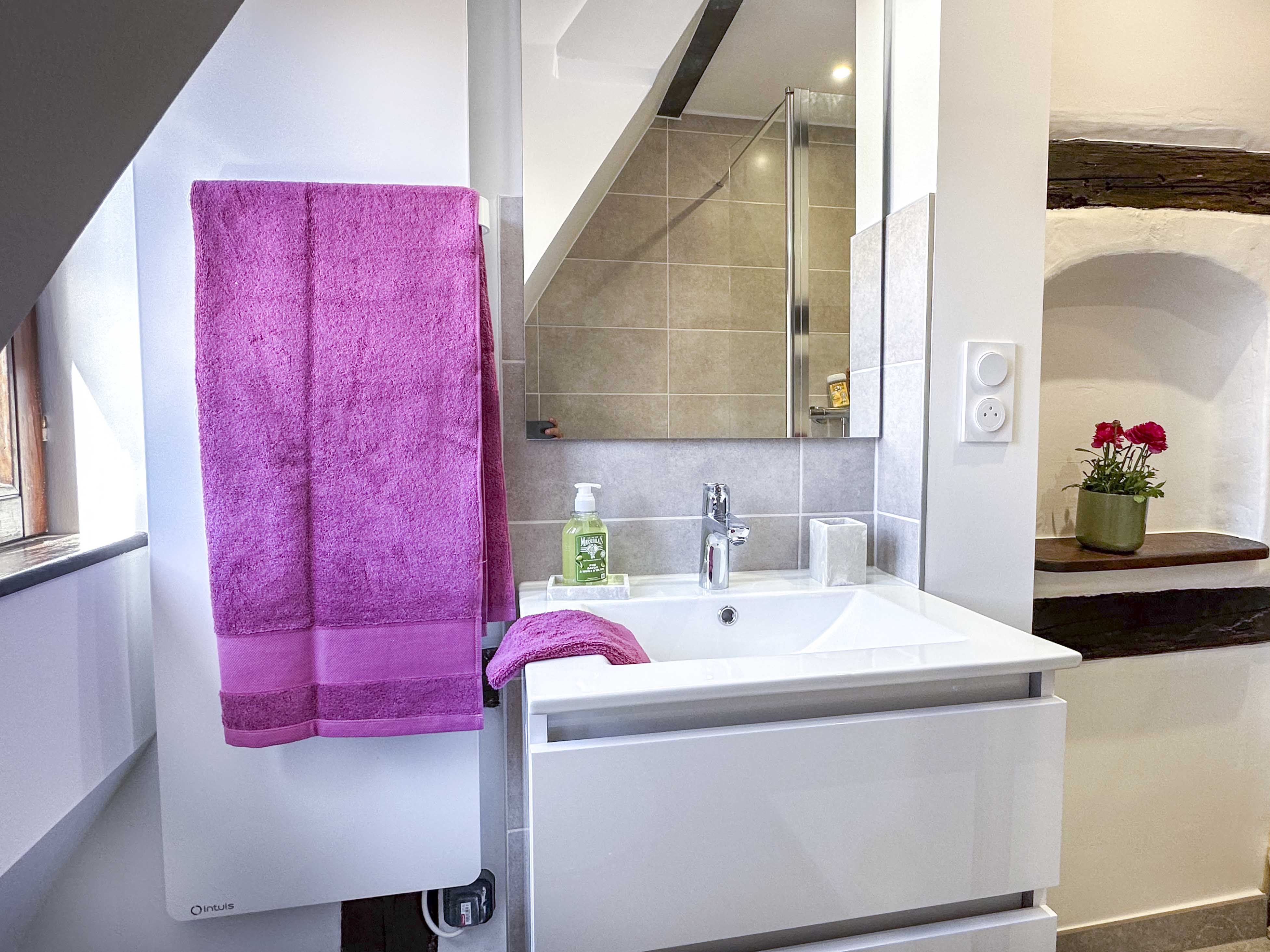 Salle de bain avec vasque et fleurs